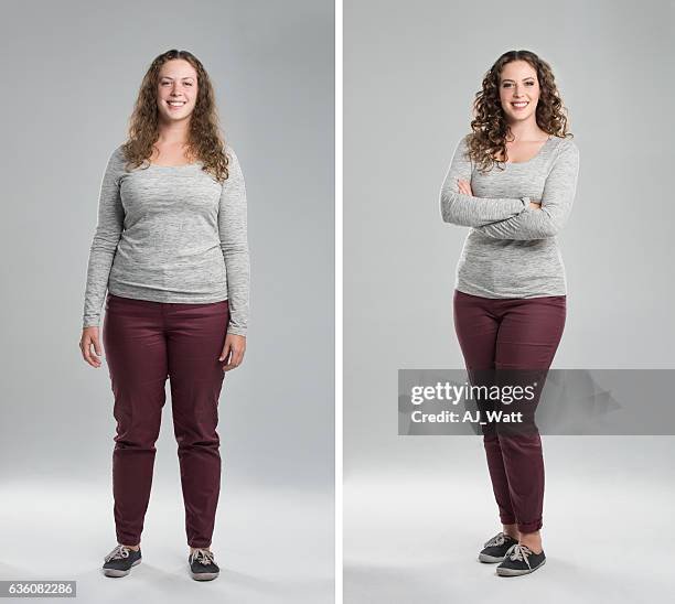 Before and after shot of a woman's weight loss progression